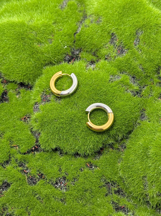 Gold and silver hoop earrings on a green mossy surface