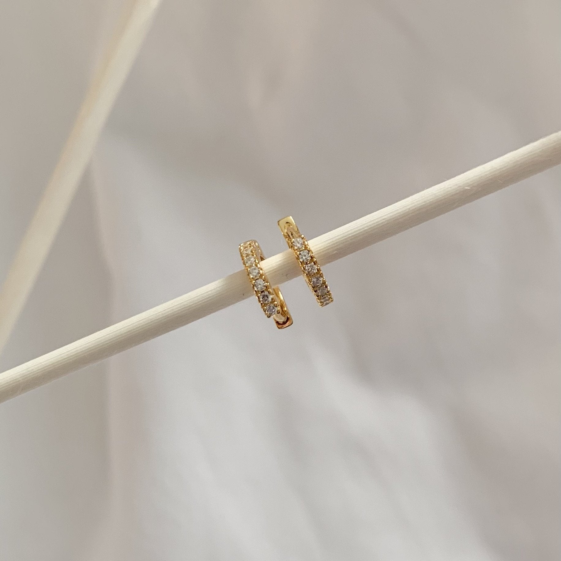 Gold hoop earrings with embedded stones on a light wooden stick against a neutral background