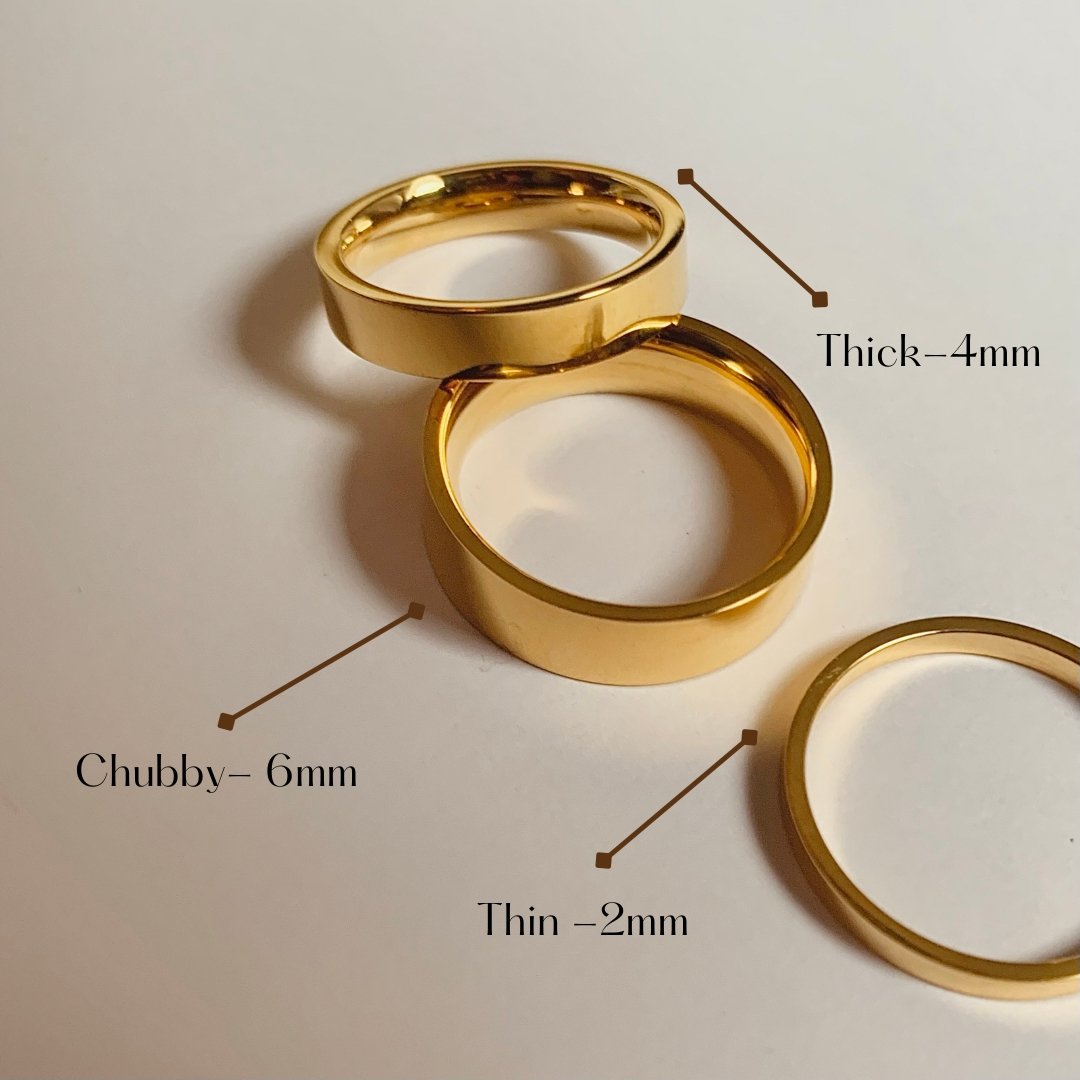Three gold rings with thickness labels on a light background